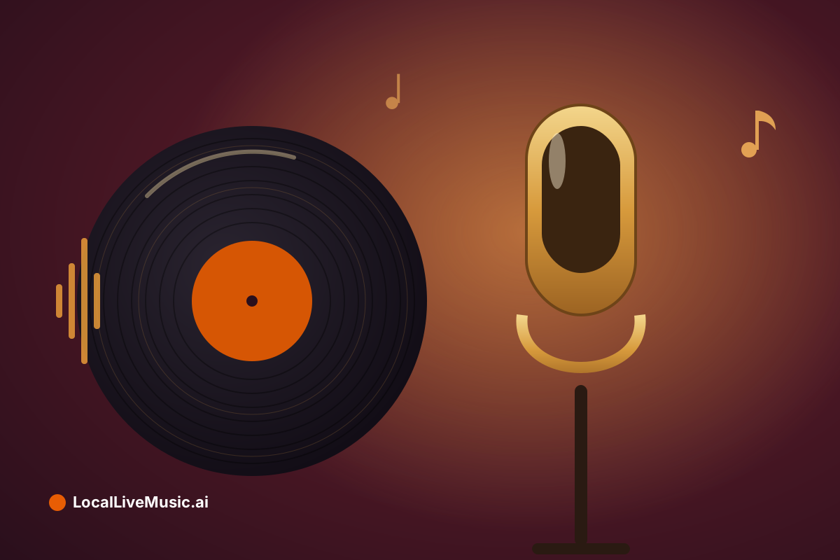 Editorial illustration of a vintage brass ribbon microphone beside a spinning vinyl record under warm amber light, for a soul concert preview.